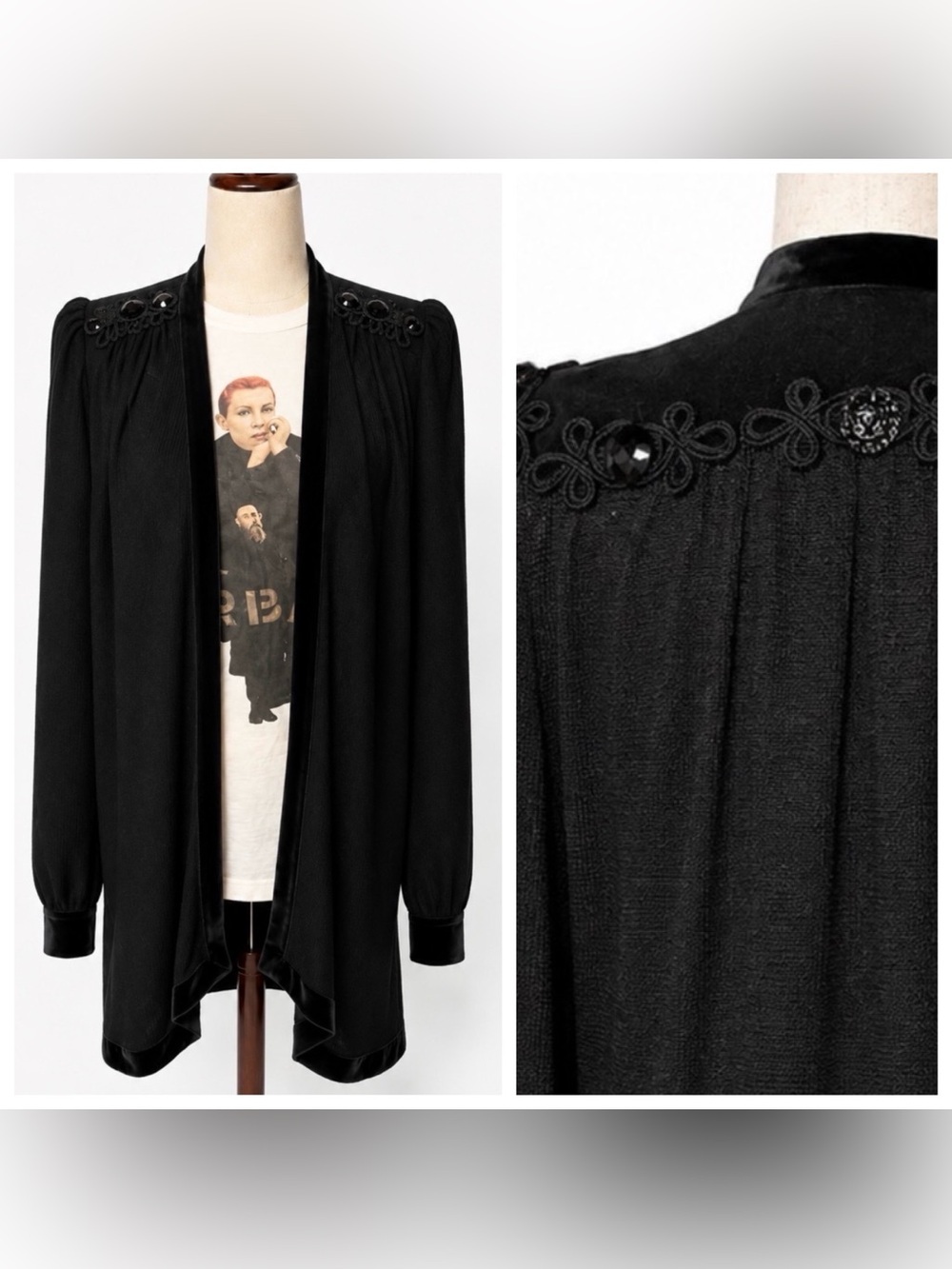 Vintage Masha velvet and loose weave long jacket with black embellishments L